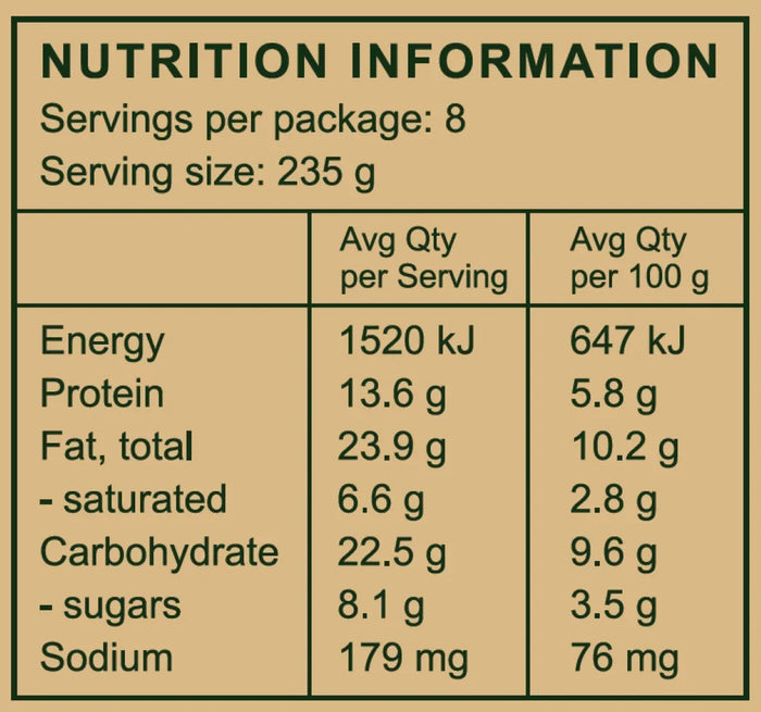 Nutrition label showing energy, protein, fat, carbs, sugars, and sodium per serving for organic ready meals