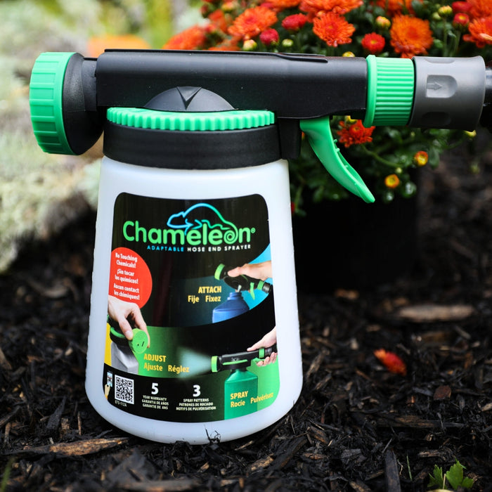 Chameleon hose-end sprayer with translucent 36-oz tank and quick-connect fitting attached to a garden hose.