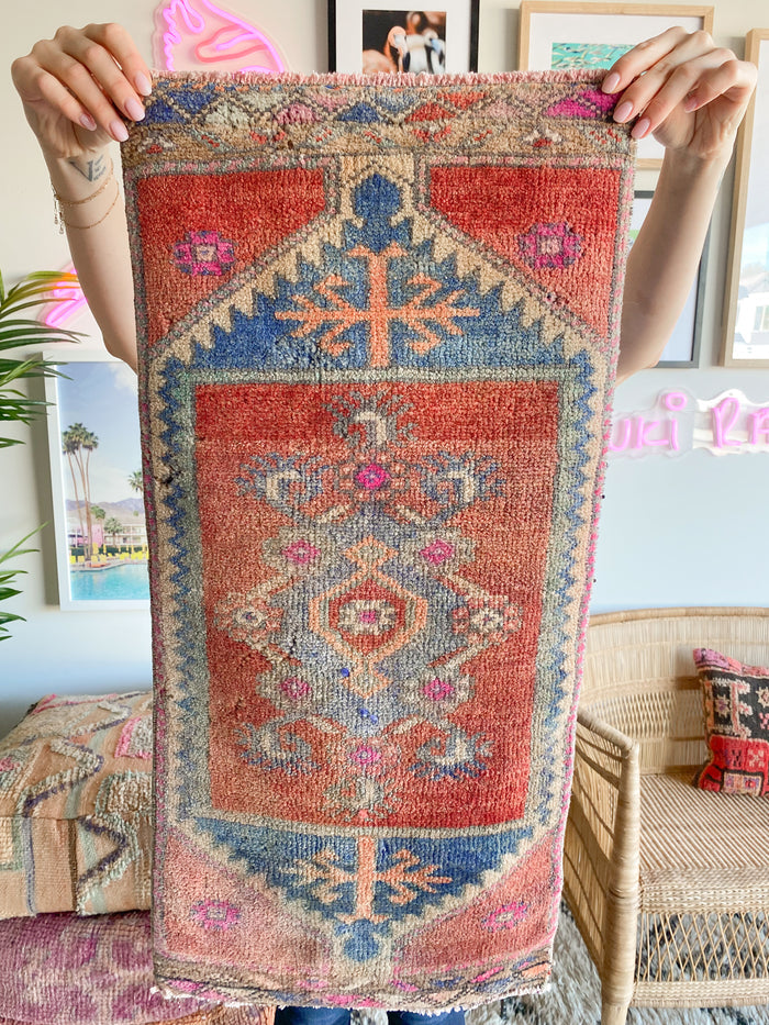 Chica traditional handwoven hand-knotted vintage turkish oushak mini small accent rug red blue