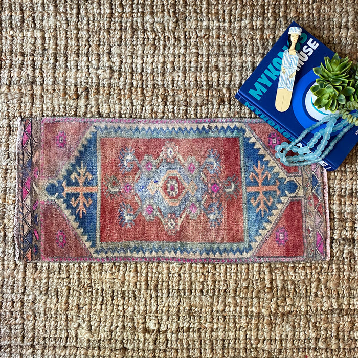 Chica traditional handwoven hand-knotted vintage turkish oushak mini small accent rug red blue