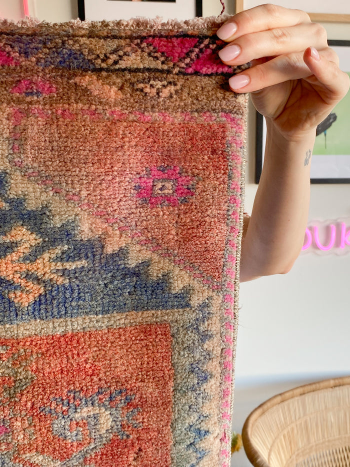 Chica traditional handwoven hand-knotted vintage turkish oushak mini small accent rug red blue