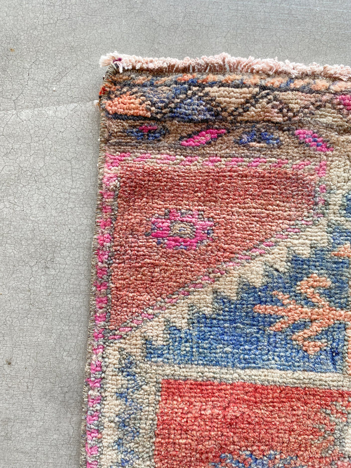 Chica traditional handwoven hand-knotted vintage turkish oushak mini small accent rug red blue