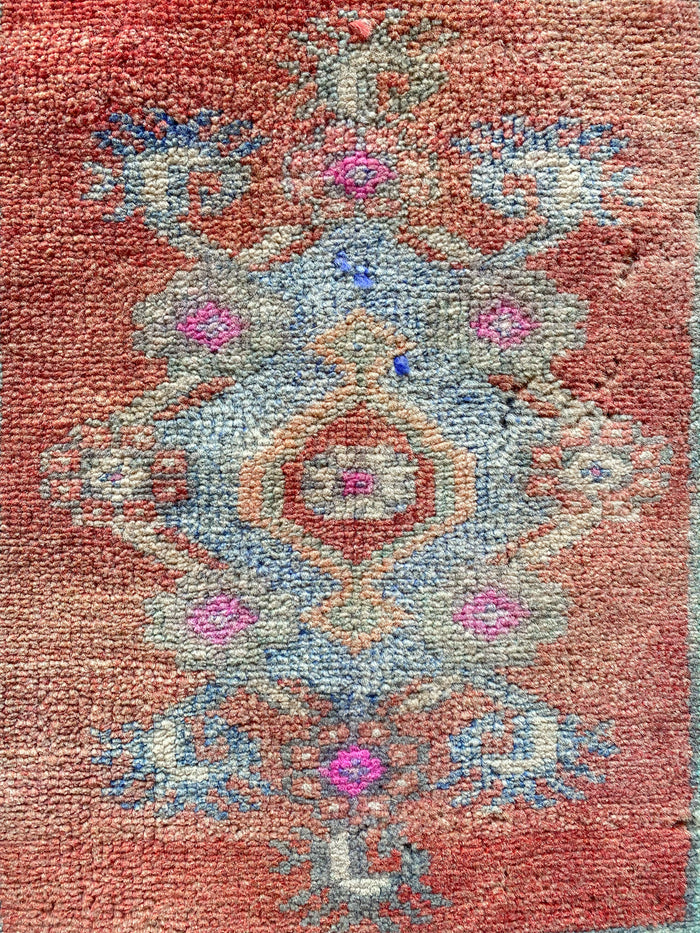 Chica traditional handwoven hand-knotted vintage turkish oushak mini small accent rug red blue