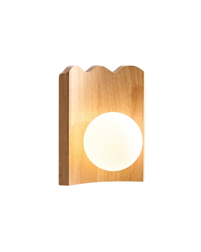Oak wood wall sconce with a single round white glass globe, mounted on a rectangular wooden backplate.