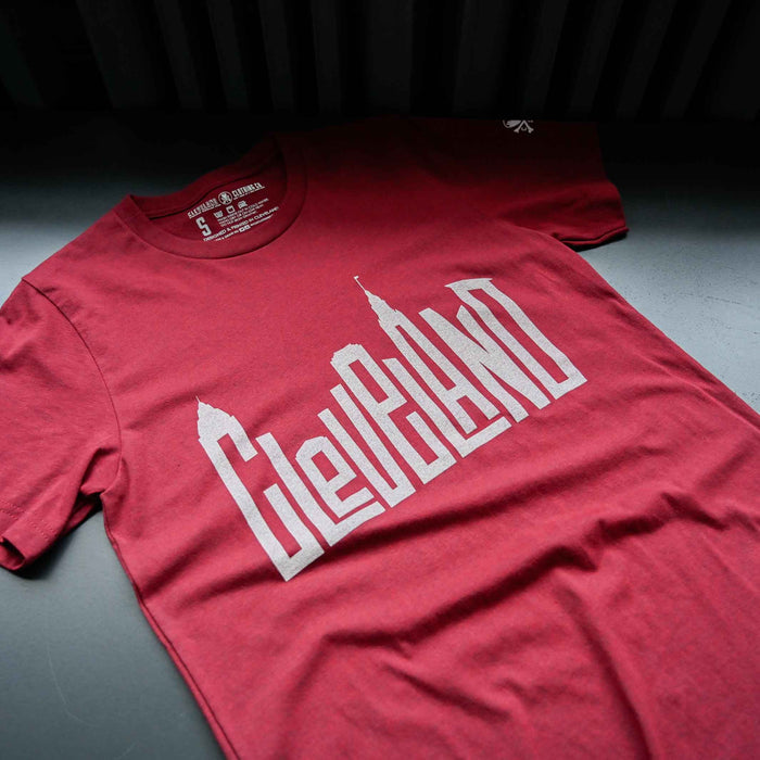 Cleveland Skyline Letters - Mens/Unisex Crew T-Shirt - Heather Cardinal