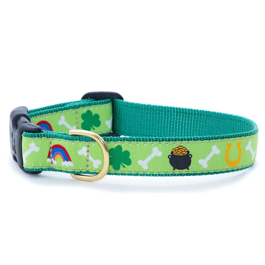 Green dog collar with lucky charms pattern on a white background