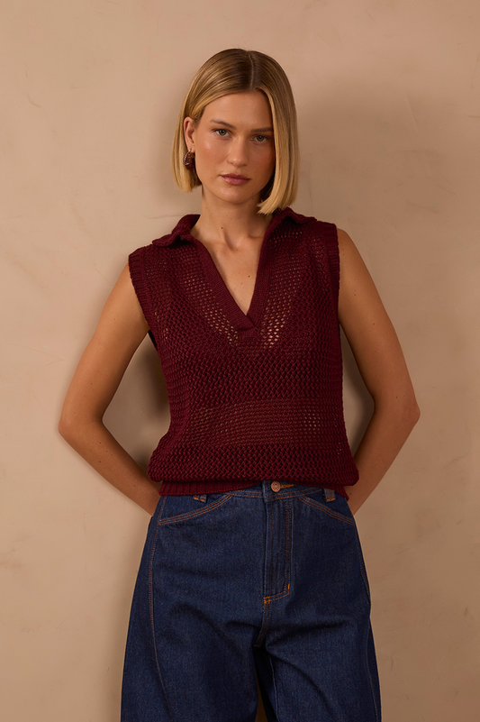 Collared V Neck Sleeveless Tricot Blouse_1