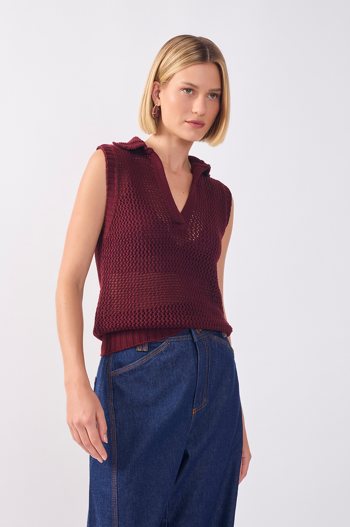 Collared V Neck Sleeveless Tricot Blouse_2