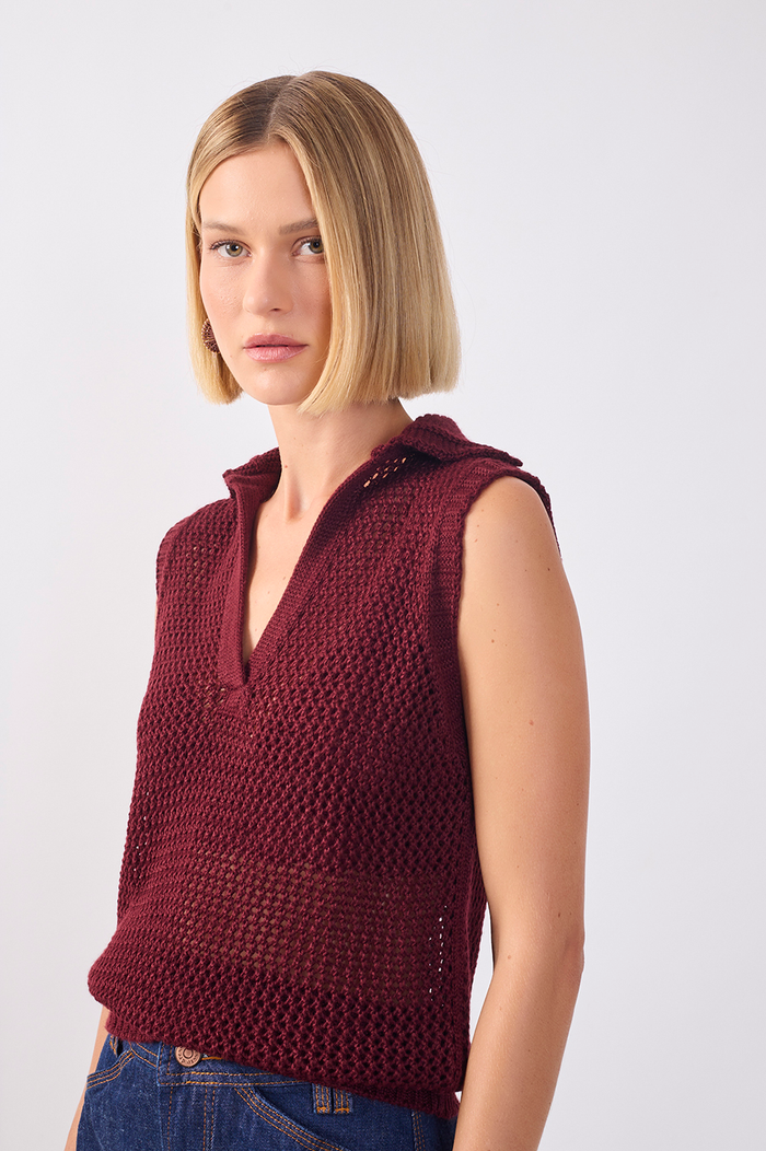 Collared V Neck Sleeveless Tricot Blouse_4
