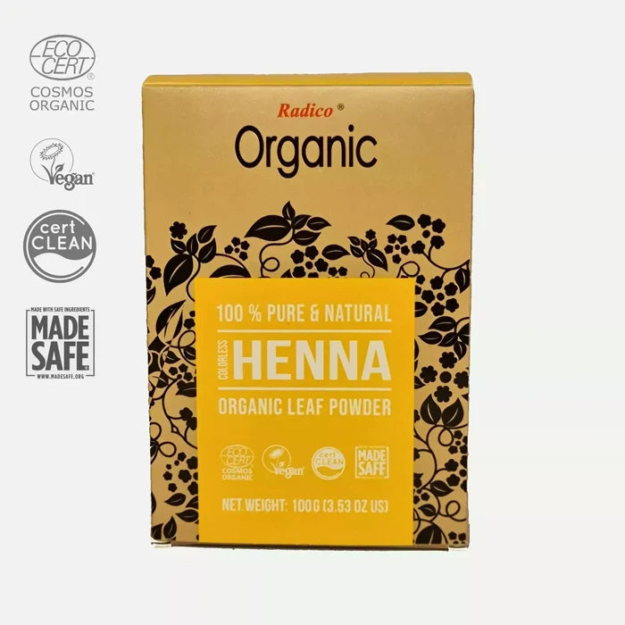 Box of Radico Organic Natural colourless Henna Leaf Powder with certification logos - 100g