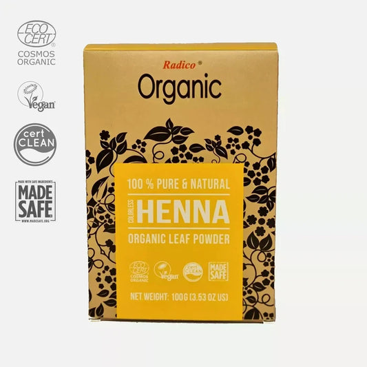 Box of Radico Organic Natural colourless Henna Leaf Powder with certification logos - 100g