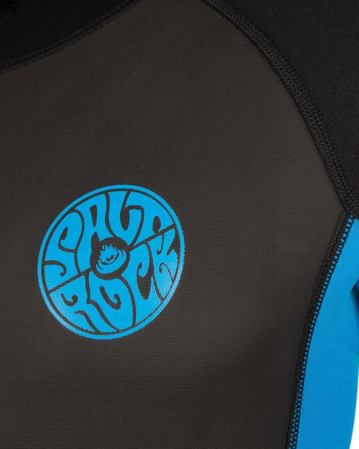 Close-up of a Core - Mens 3/2 Shortie Wetsuit - Black/Blue featuring a blue and black design with the "Saltrock" logo in blue, made of high-quality Neoprene/Nylon material.