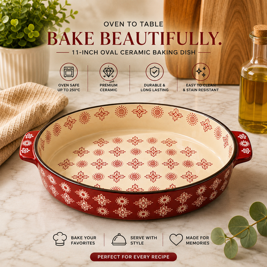 DANNY HOME 11-inch oval ceramic baking dish with red pattern and integrated side handles for baking and serving.
