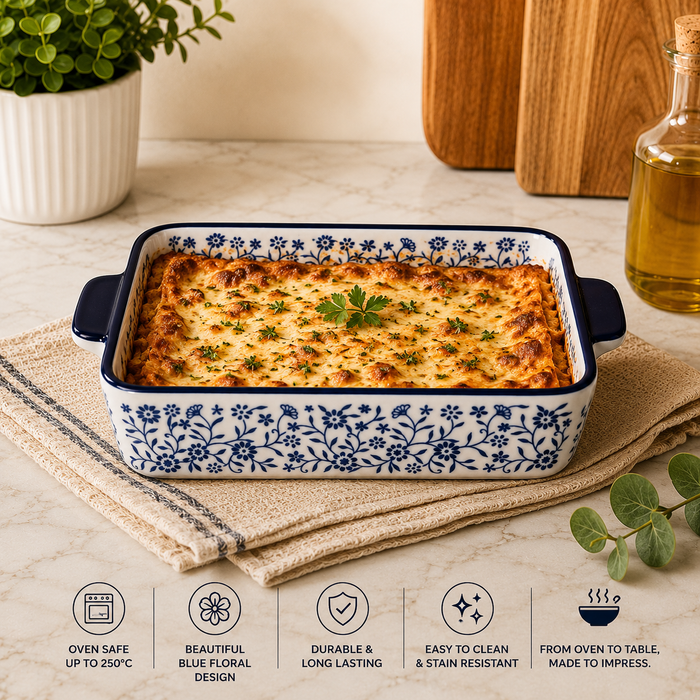 DANNY HOME ceramic baking dish
8 inch rectangular baking dish
ceramic casserole dish
blue floral baking dish
rectangular ceramic bakeware
ceramic baking dish with handles
oven to table casserole dish
premium ceramic bakeware
ceramic oven dish Pakistan
glazed ceramic baking dish
DANNY HOME 8-inch rectangular ceramic baking dish with blue floral pattern and integrated side handles for baking and serving.