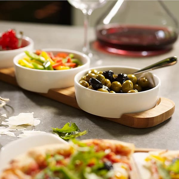 Danny Home Pizza Passion topping platter set – 3 ceramic bowls white + wooden serving tray – Home Hatch