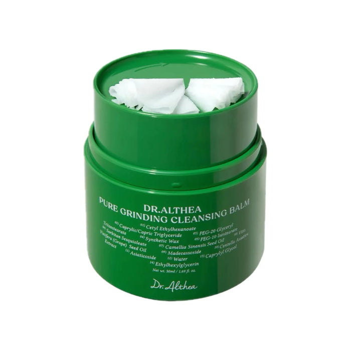 A green container of Dr Althea Pure Grinding Cleansing Balm with a hygienic grinding mechanism, labeled for deep cleansing and makeup removal.