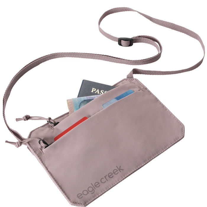Eagle Creek Undercover RFID Neck Wallet Color soft Pink with passport and credit cards