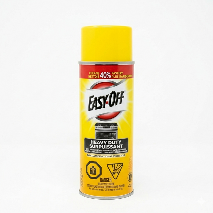 Yellow Easy-Off heavy-duty cleaning spray can on a white background