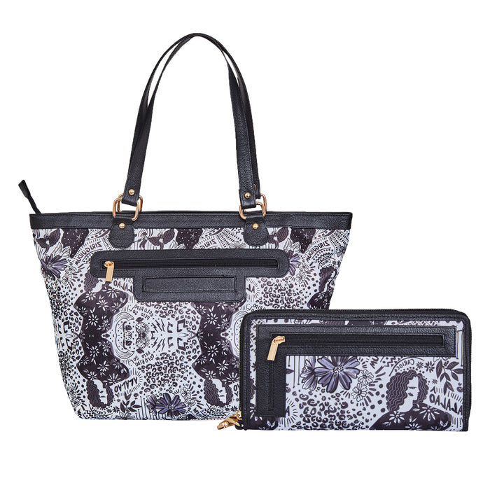 Women's Black Shoulder Tote Bag with Wristlet Wallet Combo for Work & Travel