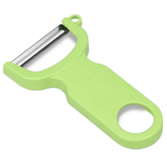 Green European Style vegetable peeler on a white background.