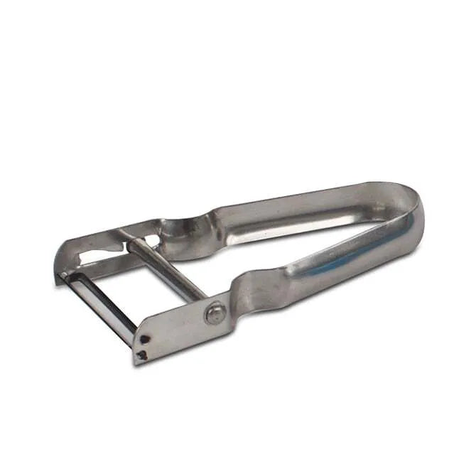 A silver European style peeler with a metal handle and swivel carbon steel blade.
