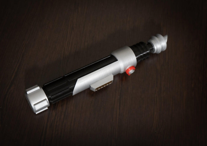 Ezra Bridger second lightsaber hilt cosplay prop in black and silver plastic with red button for Star Wars fans
