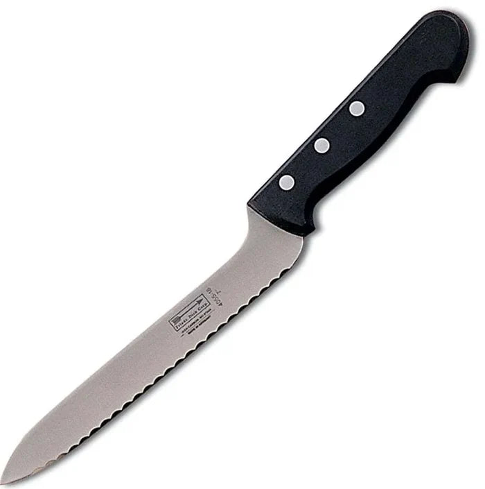 A 7 inch offset serrated knife with a stainless steel blade and black polypropylene handle.