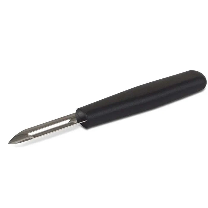 A stainless steel vegetable peeler with a black plastic handle.