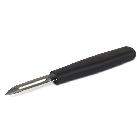 A stainless steel vegetable peeler with a black plastic handle.