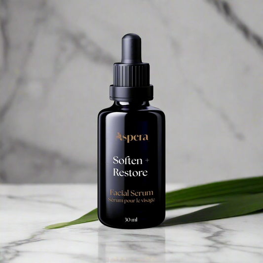 Aspera Soften + Restore Facial Serum in 30 ml Violet Glass Dropper Bottle