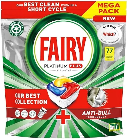 Fairy Platinum Plus All-in-One Dishwasher Tablets, Lemon, 77 Tablets, Fairy's Best Tough Food Cleaning Anti-dull Technology - Shoppers-kart.com
