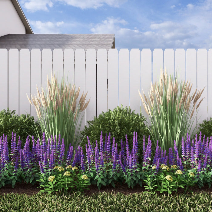 Digital rendering of flourishing fenceline landscaping with shrubs, flowering perennials, and ornamental grasses