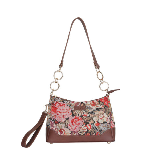 Women's Floral Tapestry Chain Shoulder Bag with Leather Trim - Canada & USA