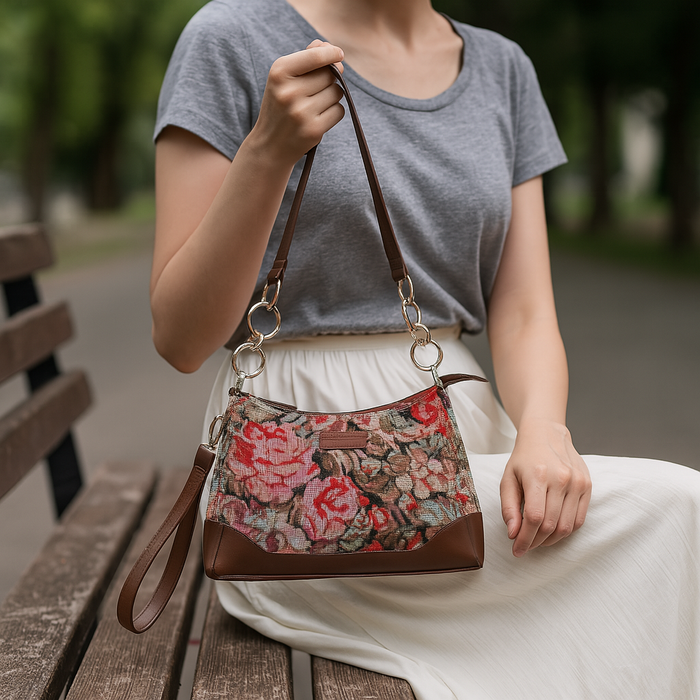 Women's Floral Tapestry Chain Shoulder Bag with Leather Trim - Canada & USA-model image