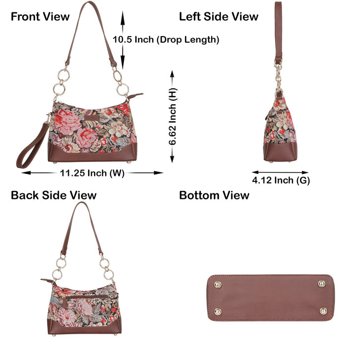 Women's Floral Tapestry Chain Shoulder Bag with Leather Trim - Canada & USA-infographic image