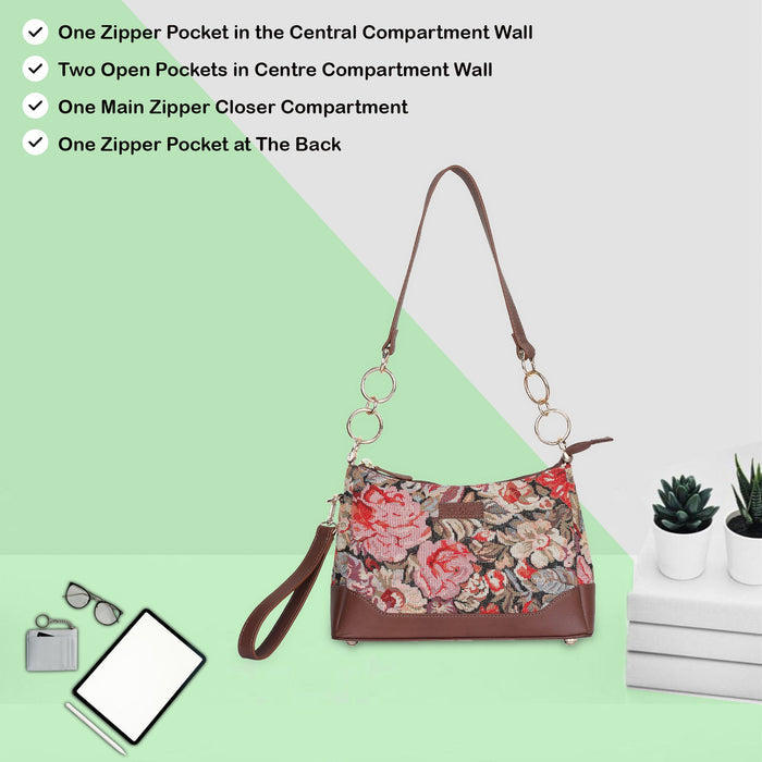 Women's Floral Tapestry Chain Shoulder Bag with Leather Trim - Canada & USA-feature view