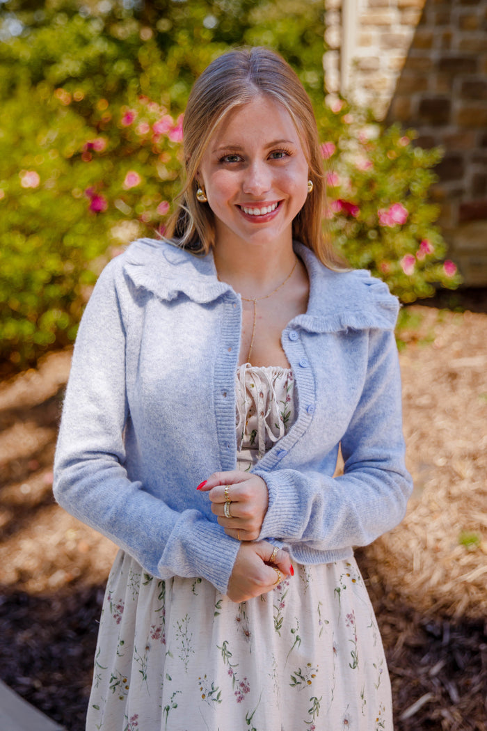 Ruffled Collar Cardigan- Light Blue Cardigan with Ruffle Collar - Mable Classic Cardigan