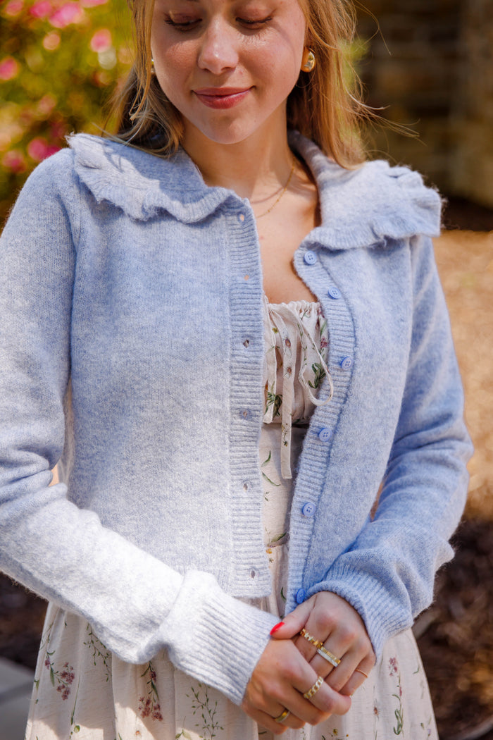Ruffled Collar Cardigan- Light Blue Cardigan with Ruffle Collar - Mable Classic Cardigan