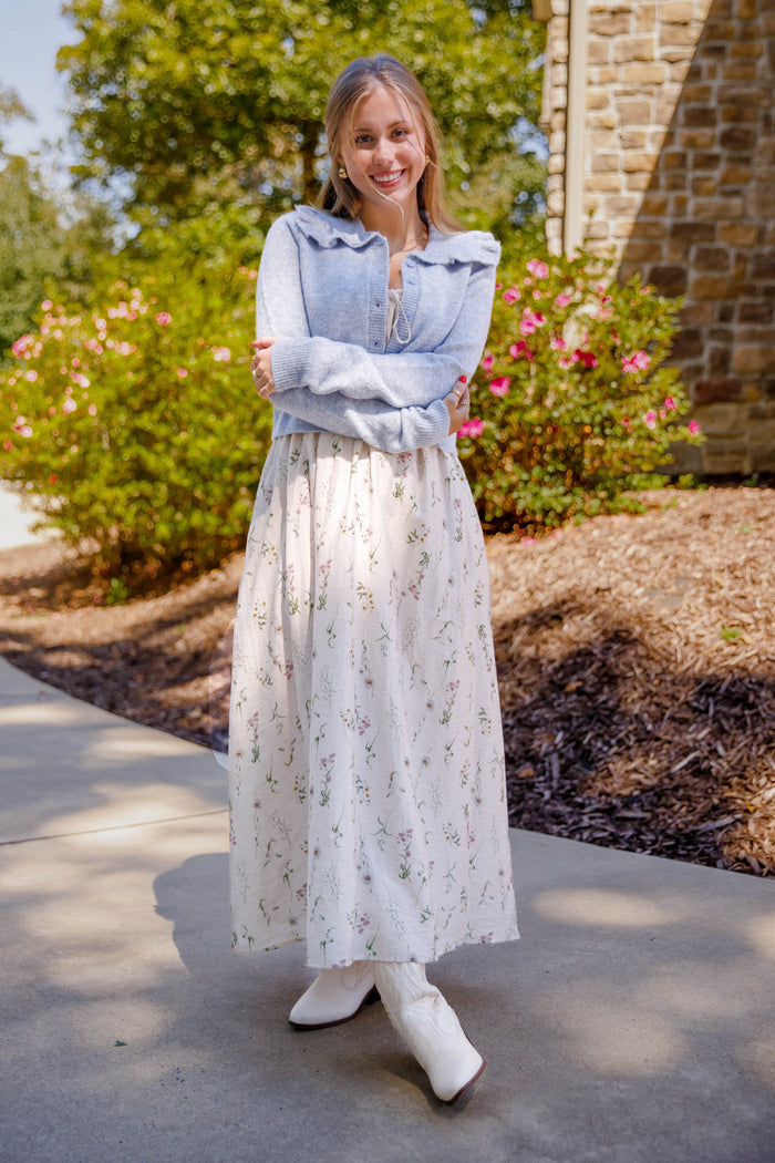 Ruffled Collar Cardigan- Light Blue Cardigan with Ruffle Collar - Mable Classic Cardigan