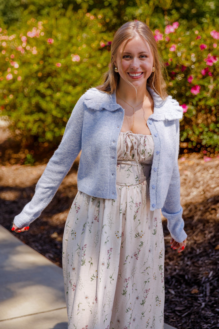Ruffled Collar Cardigan- Light Blue Cardigan with Ruffle Collar - Mable Classic Cardigan