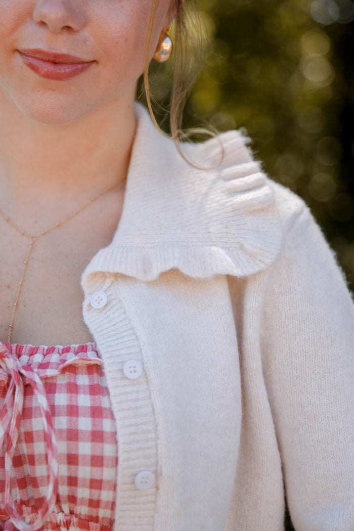 Ruffled Collar Cardigan- Beige Cardigan with Ruffle Collar - Mable Classic Cardigan