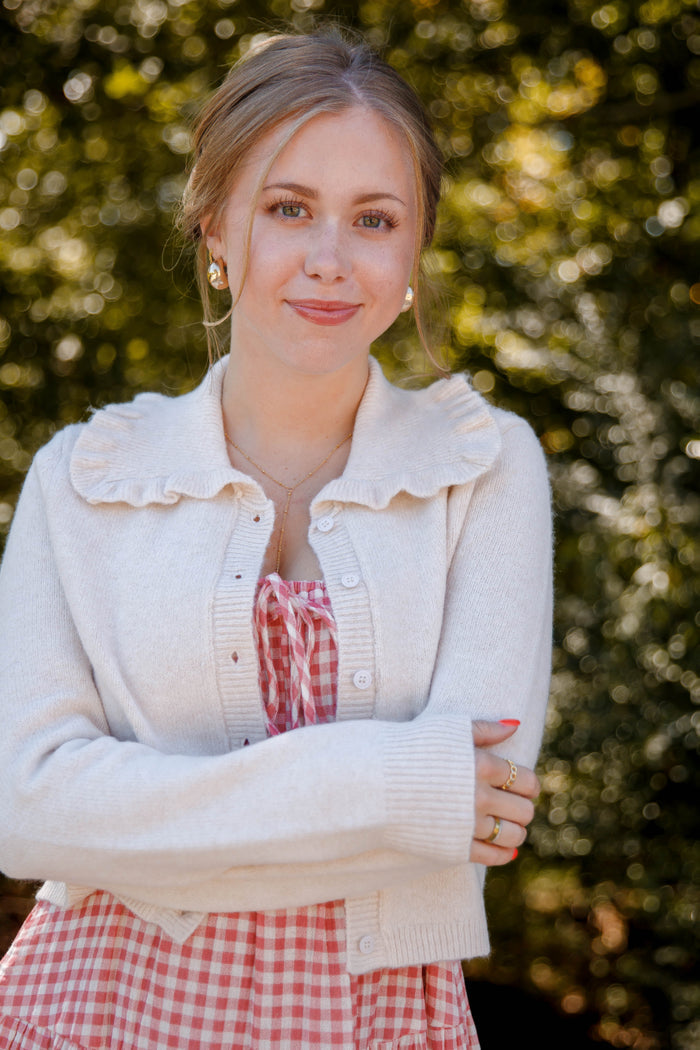 Ruffled Collar Cardigan- Beige Cardigan with Ruffle Collar - Mable Classic Cardigan