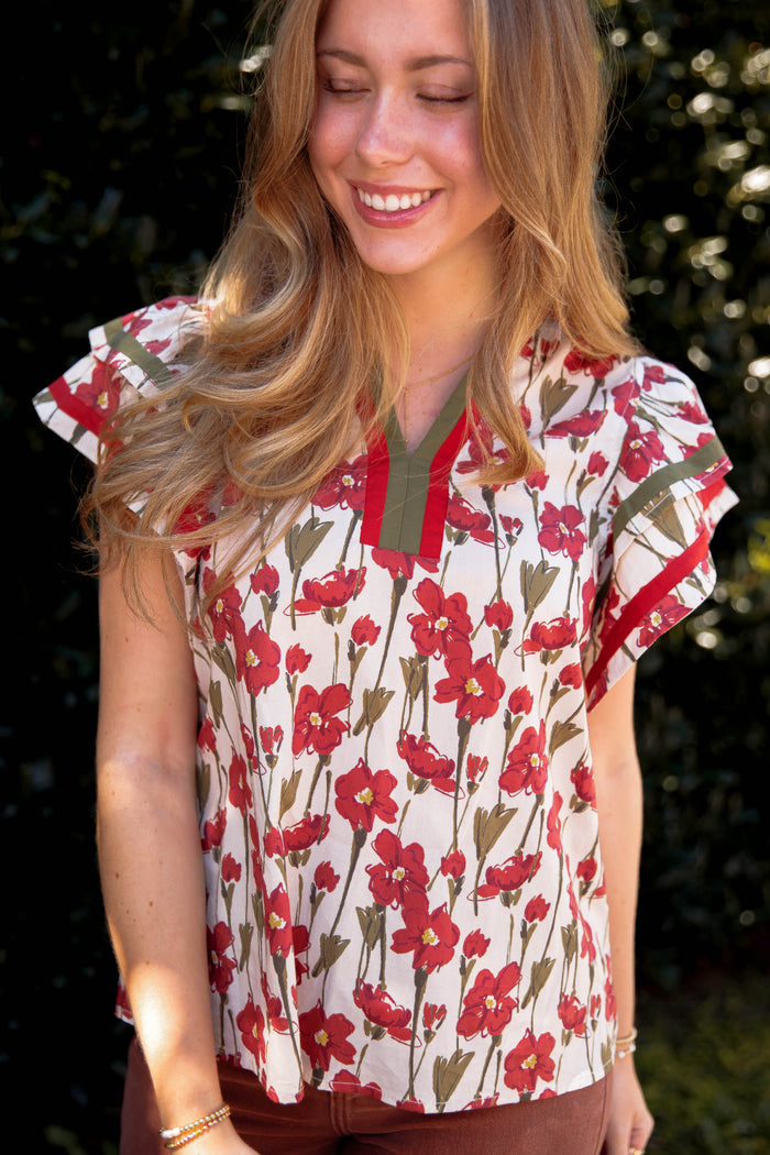 Floral Cotton Flutter Sleeve Blouse- Women's Cotton Tops- Entro Tops