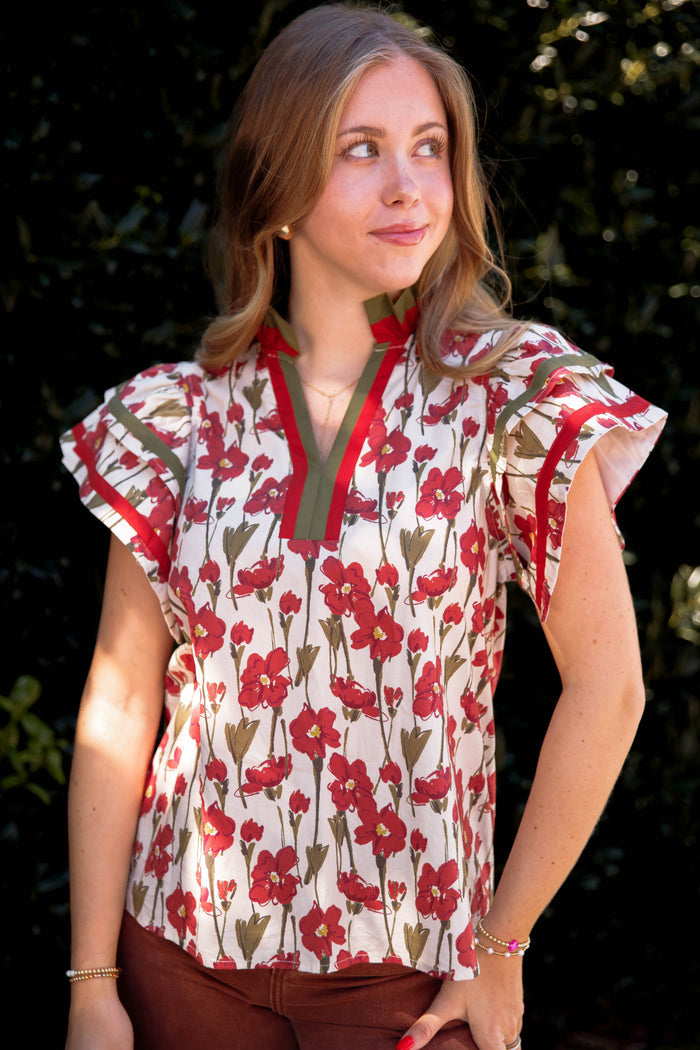 Floral Cotton Flutter Sleeve Blouse- Women's Cotton Tops- Entro Tops