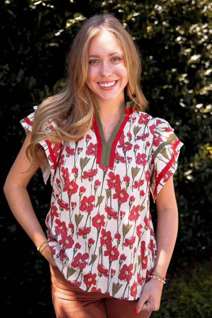 Floral Cotton Flutter Sleeve Blouse- Women's Cotton Tops- Entro Tops