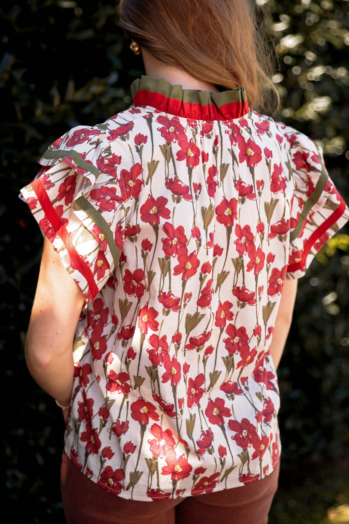 Floral Cotton Flutter Sleeve Blouse- Women's Cotton Tops- Entro Tops