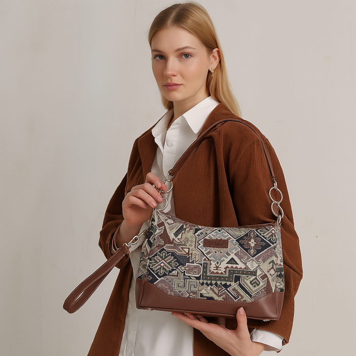 Women's Geometric Tapestry Chain Shoulder Bag with Leather Trim - Canada & USA-model image