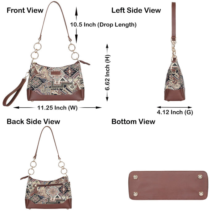 Women's Geometric Tapestry Chain Shoulder Bag with Leather Trim - Canada & USA-infographic image