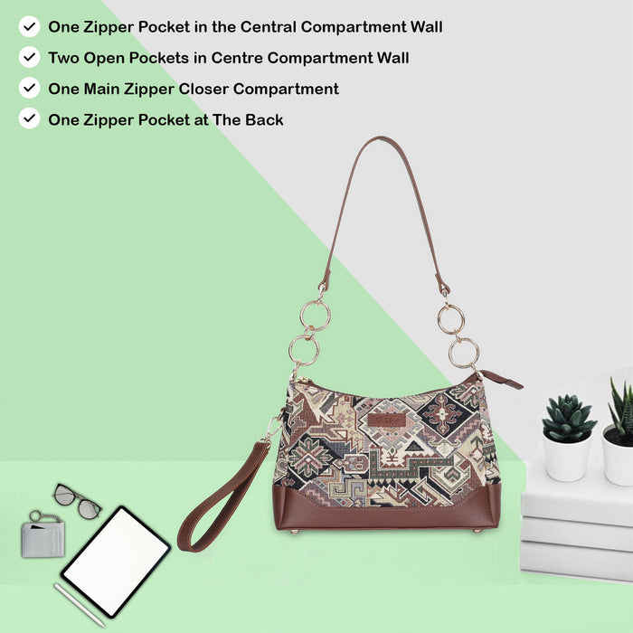 Women's Geometric Tapestry Chain Shoulder Bag with Leather Trim - Canada & USA-feature view