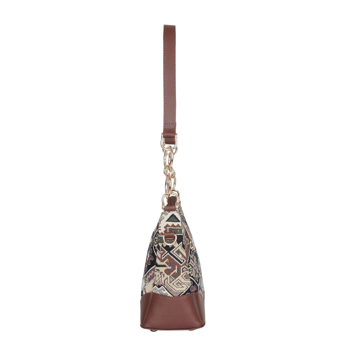 Women's Geometric Tapestry Chain Shoulder Bag with Leather Trim - Canada & USA-side view
